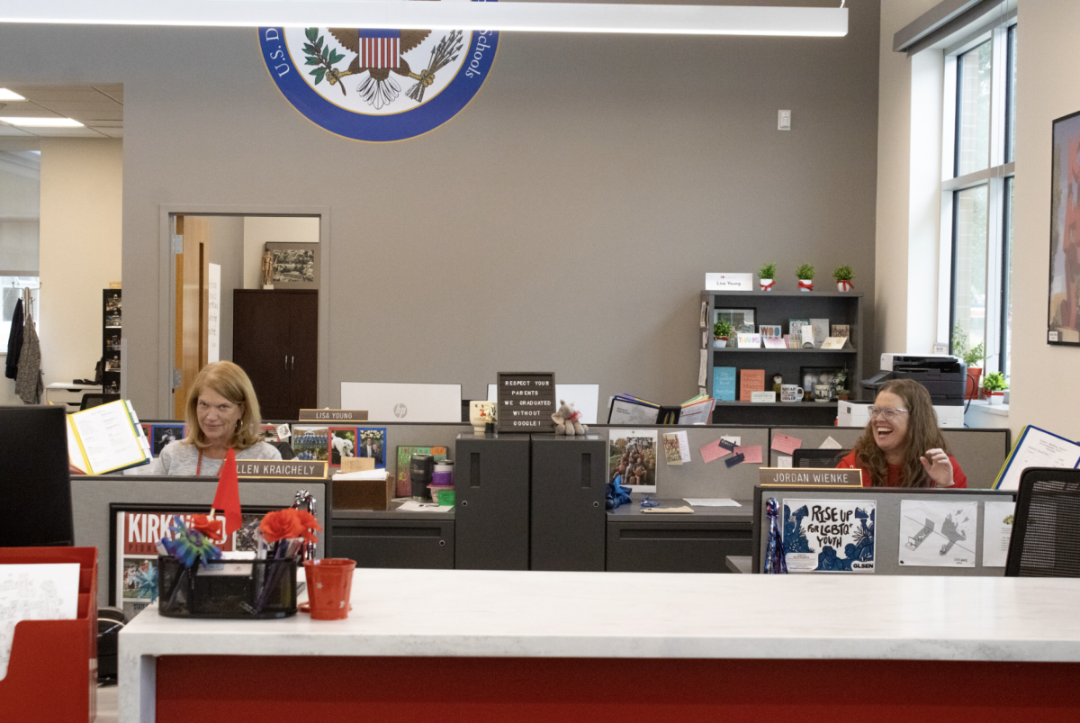 Ellen Kraichely (left) and Jordan Wienke (right) in the KHS main office.